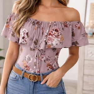 Persaya Floral Ruffle Bodysuit in Pink and Brown